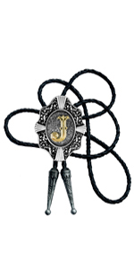 Moranse Golden Initial A to Z in Flower Nursery Cowboy Bolo Tie with Cowhide Rope