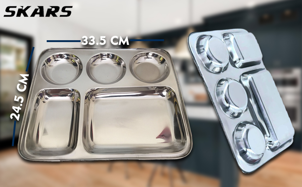 SPN-TP3A0 Multipurpose Stainless Steel Plate, Rectangular Design with compartments, Mess Trays.