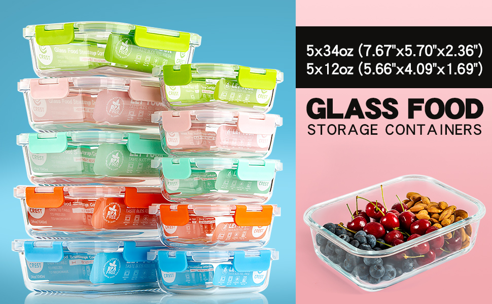 10Pack Glass Food Storage Containers (A Set of Five Colors), Meal Prep