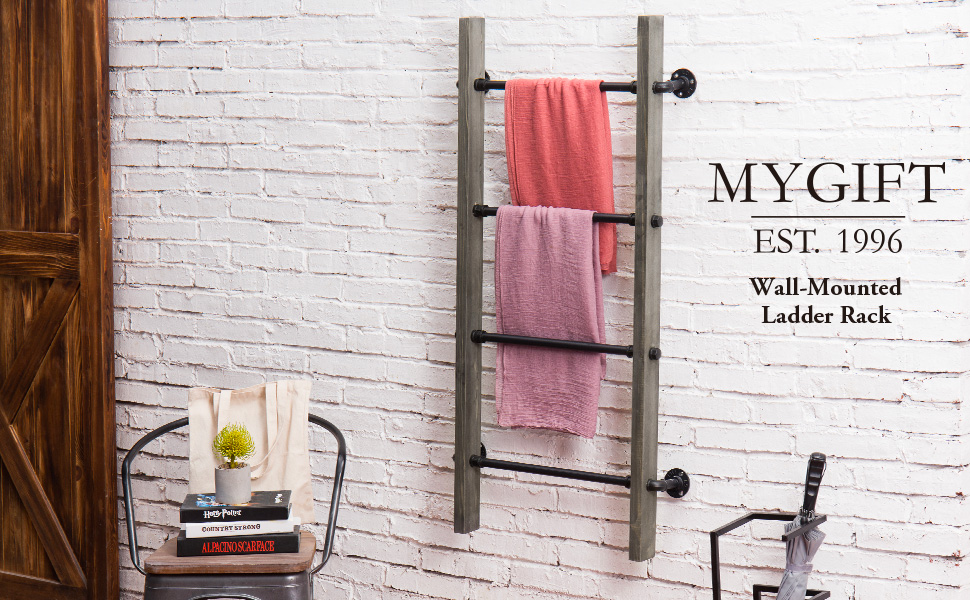 Vintage Grey Wood & Industrial Metal Pipe Wall Mounted Ladder Rack, 46 Inch Towel Shelve