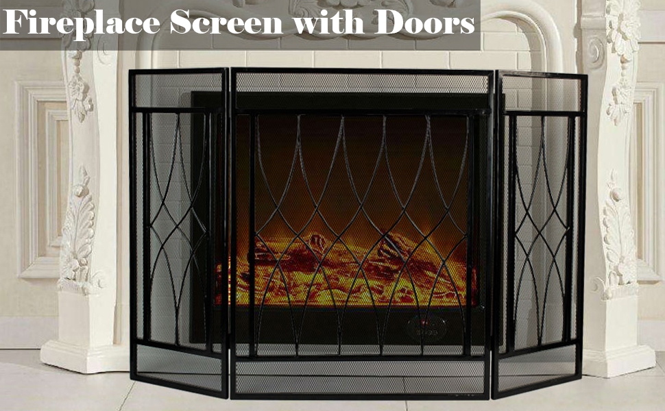 3 Panel Fireplace Screen Fire Place Doors, Wrought Iron Classic Fire Place Gate
