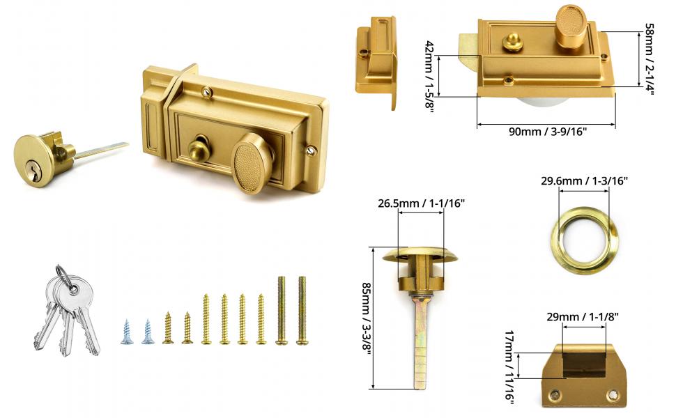 QWORK Night Latch Deadbolt Rim Lock with Key Gold Finish Antique Style