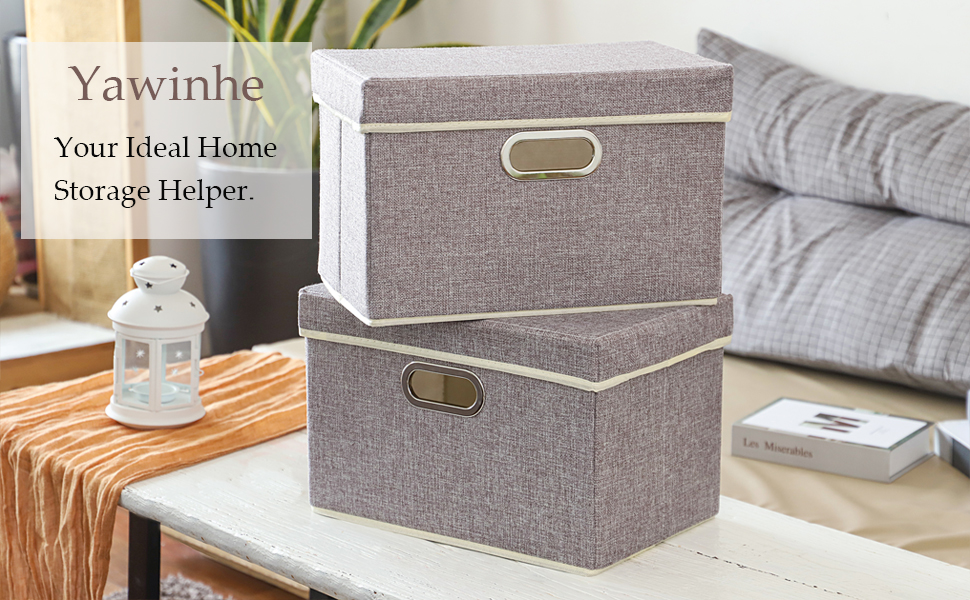 Yawinhe Storage Box with Lids Collapsible Linen Fabric Storage Basket
