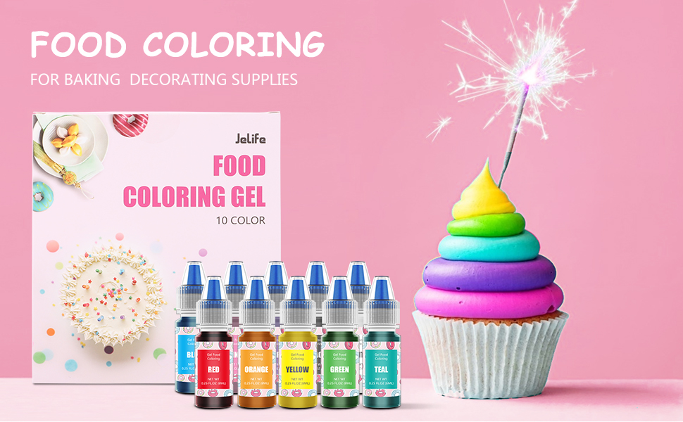 Jelife 10 Color Gel Food Coloring Set 6ml Bottles, Flavorless Neon Edible Dye for Vibrant Cake