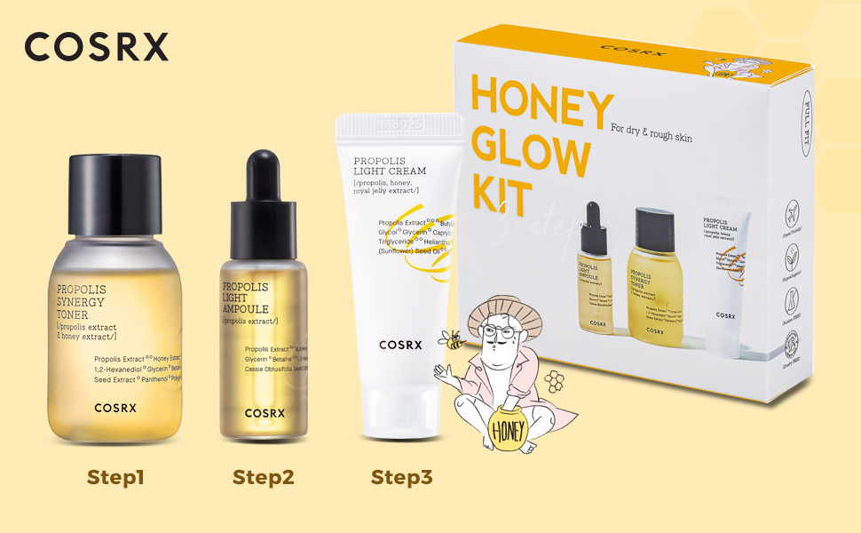 Honey glow kit, propolis, toner, ampoule, light cream