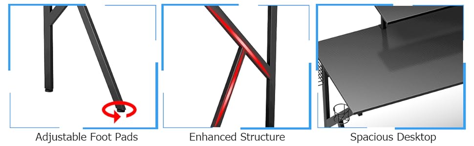 COSTWAY Gaming Computer Desk With Monitor Shelf, Audio Stand, Cup Holder And Headphone Hook, K-Shaped Adjustable Ergonomic PC Racing Table Study Workstation For Home Office 14 d