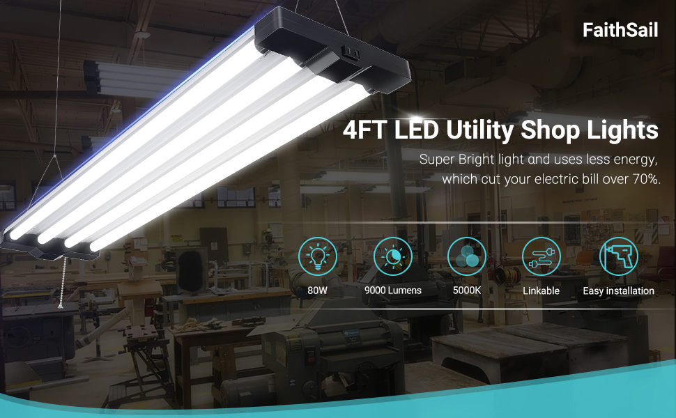 FAITHSAIL Linkable 4FT LED Low Bay Shop Light, 48 Inch 5000K Daylight Utility Shop Light for