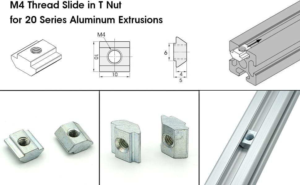 TOPINSTOCK M4 Threaded Slide in TNut for 20x20 Aluminum Extrusions