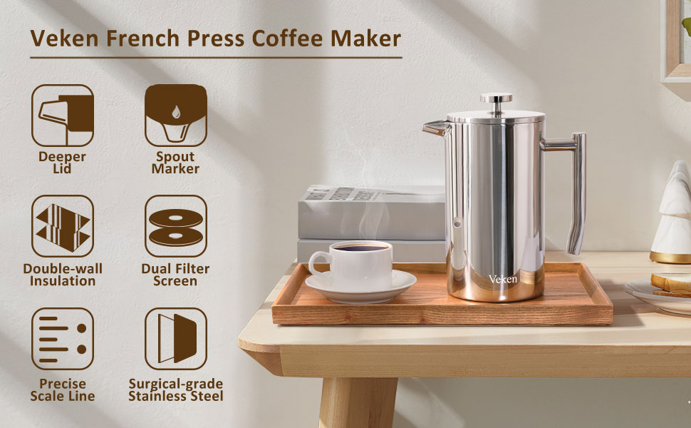 Veken French Press Coffee Tea Maker 50oz, 304 Stainless Steel Insulated