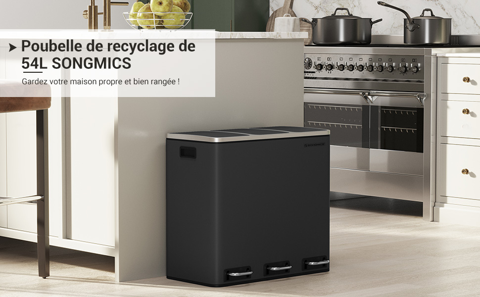 Poubelle Tri Sélectif 3 Bacs, 3 X 18L, Poubelle 3 Compartiments, Couvercle à Fermeture Lente, Avec Seaux Intérieurs Et Poignées, Pour Cuisine, Noir LTB54BK Par SONGMICS 10 LTB54BK