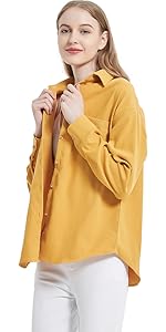 Yellow button shirt women，white shirts women，button shirts for women，long sleeve shirt plus size