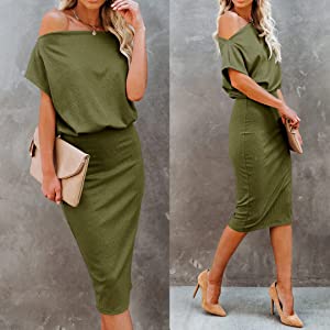 Women's Off The Shoulder Short Sleeve Hips-Wrapped Bodycon Casual Summer Cocktail
