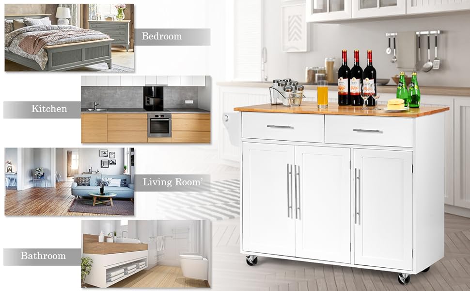 COSTWAY Kitchen Island Cart, Large Storage Trolley With 2 Drawers, 2 Cabinets, Knife Rack, 4 Lockable Wheels & Rubber Wooden Tabletop, Mobile Serving Utility Cart, 122 X 46 X 92cm (White) 15 7