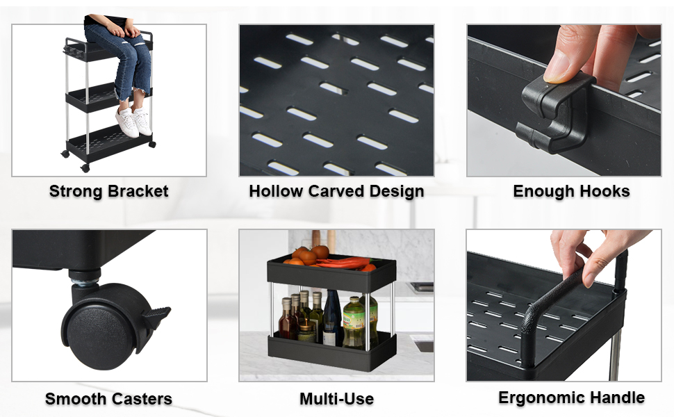 SOLEJAZZ 3Tier Storage Trolley Cart Slideout Slim Rolling Utility