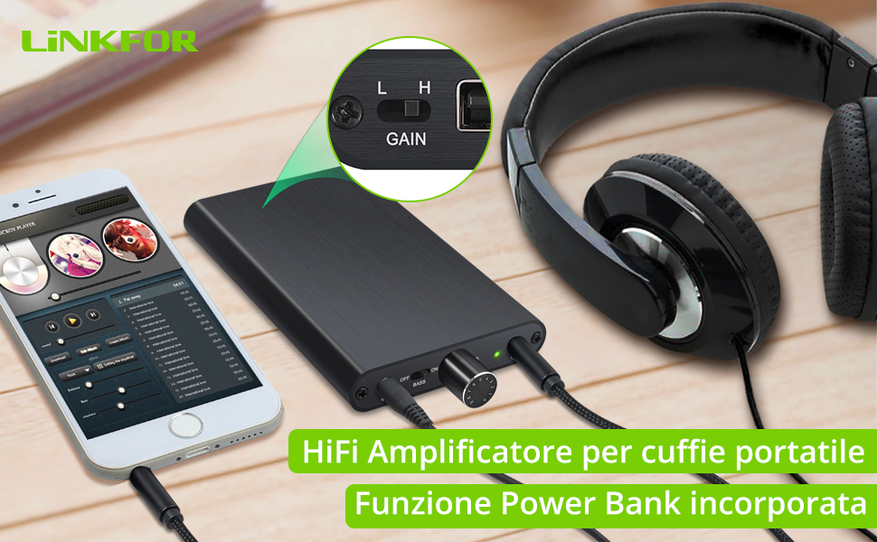 Amplificatore per cuffie HiFi 16-300Ω Mini amplificatore portatile ricaricabile da 1000 mAh
