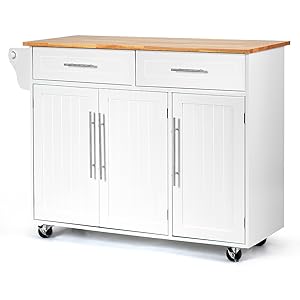 COSTWAY Kitchen Island Cart, Large Storage Trolley With 2 Drawers, 2 Cabinets, Knife Rack, 4 Lockable Wheels & Rubber Wooden Tabletop, Mobile Serving Utility Cart, 122 X 46 X 92cm (White) 13 8