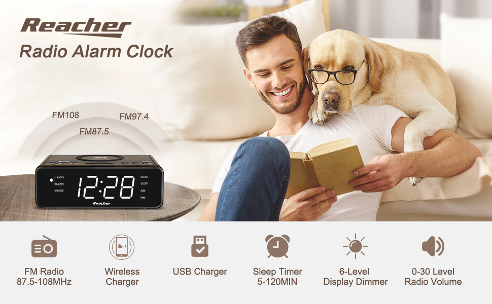 REACHER Digital Alarm Clock Radio with Wireless Charging, USB Charger