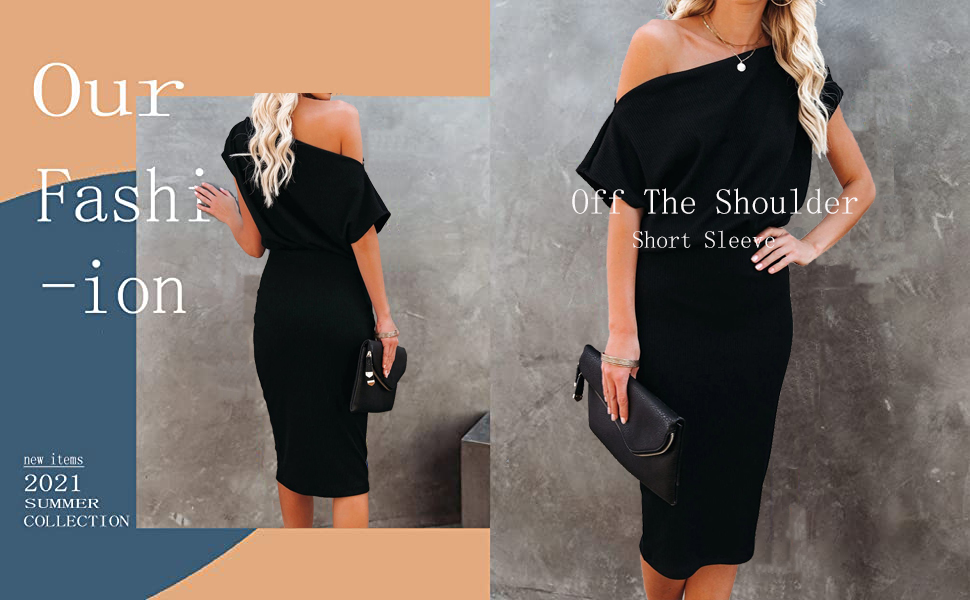 Womens Bodycon Off The Shoulder Midi Dress Short Sleeve Party Cocktail Pencil Dress