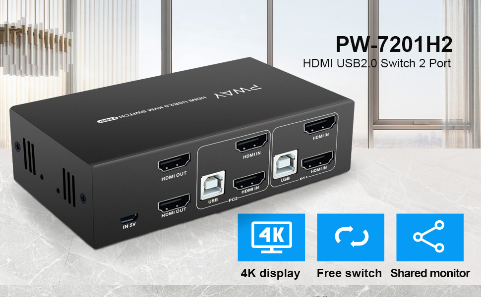 PWAY HDMI KVM Switch 2 Port Dual Monitor Support 4K30Hz YUV 444