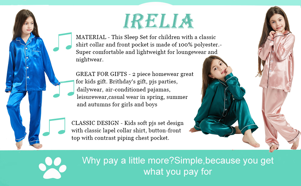 IRELIA Kids Satin Pajamas Set PJS Boys Girls Long Sleeve