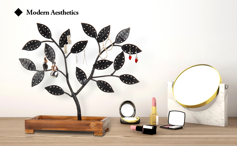 Black Metal Jewelry Tree, Earring Necklace Hanger with Wooden Tray Holder