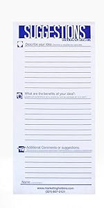 Marketing Holders - 3-1/2" w x 8-1/2" h Suggestion Forms - 25 Forms Per Pad 