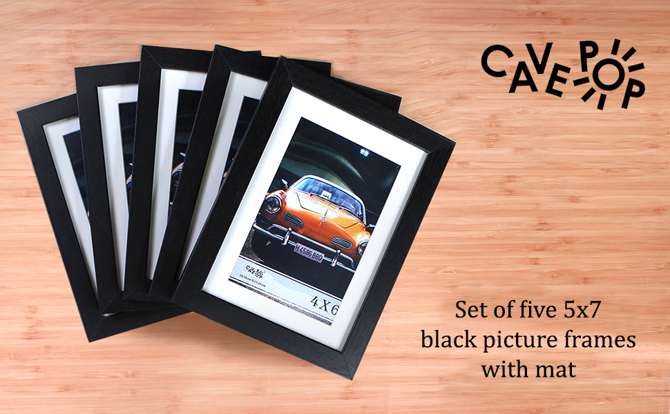 CAVEPOP 5x7 Black Picture Frame with Mat Set of 5, Made to