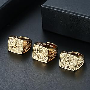 Men's 18K Gold Plated Rings Wedding Ring Rich/Luck/Wealth Ring Set Adjustable