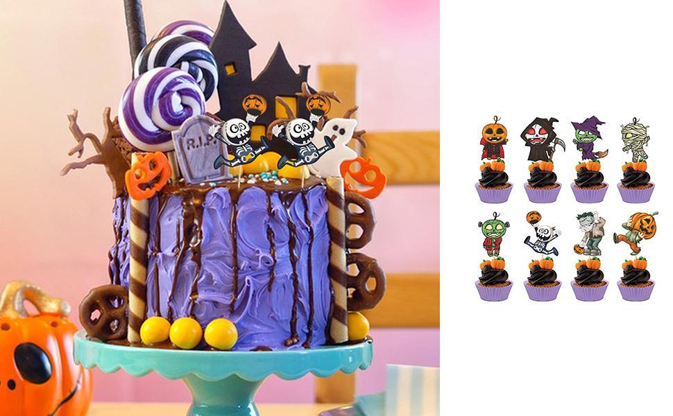 Halloween Cake Toppers, Cupcake Toppers Wrappers Set, Pumpkin Cupcake Toothpicks, Halloween Cake