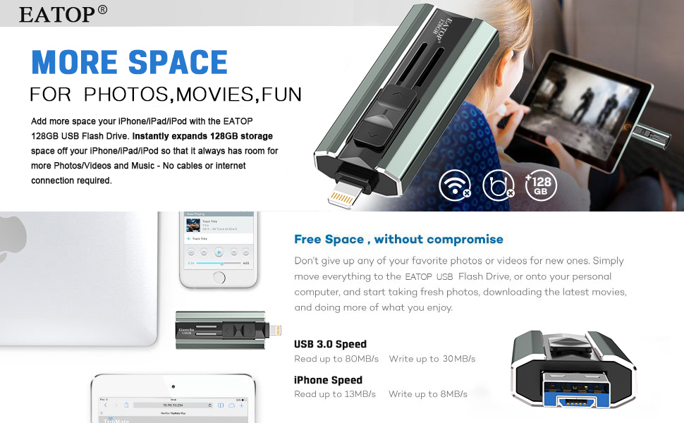 USB 3.0 Flash Drive 128GB iPhone Memory Stick, EATOP iPhone Flash Drive