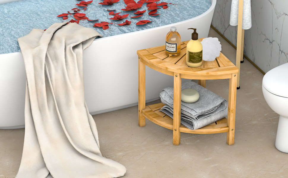 Bamfan Bamboo Corner Shower Bench Waterproof Stool with SpaceEfficient