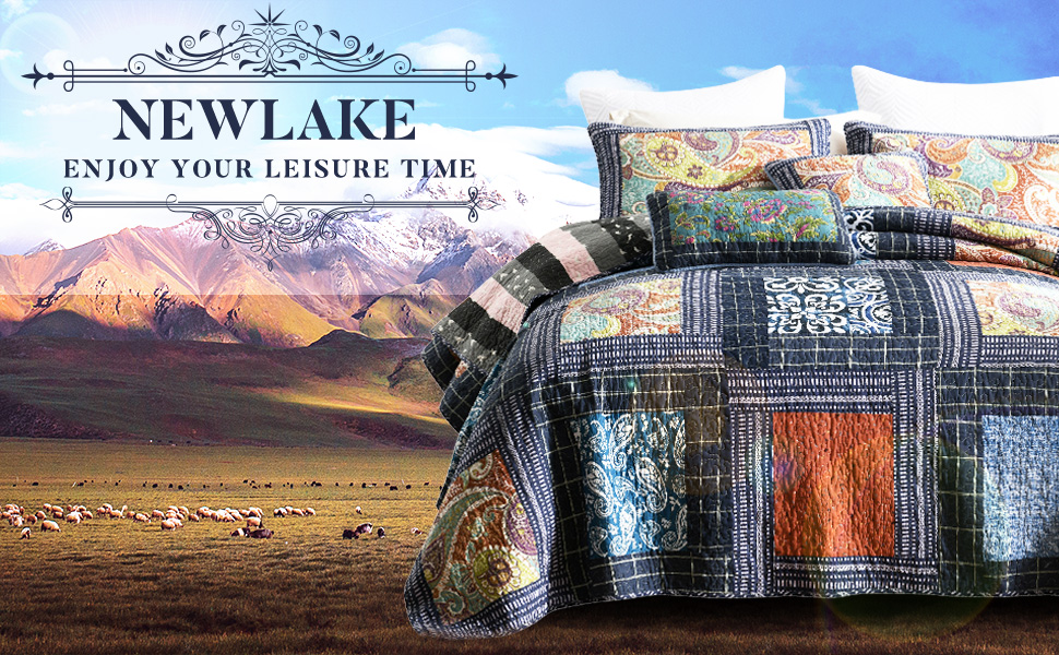 NEWLAKE Cotton Patchwork Bedspread, 3Piece Bedding Quilt