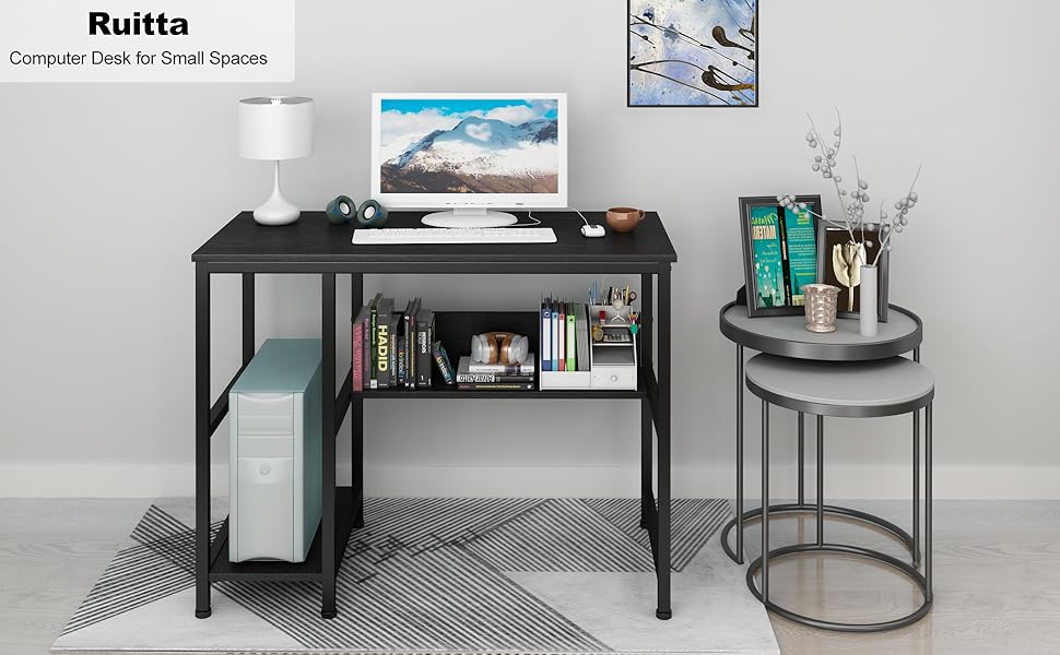 Ruitta Writing Computer Desk with Shelves, Sturdy Home