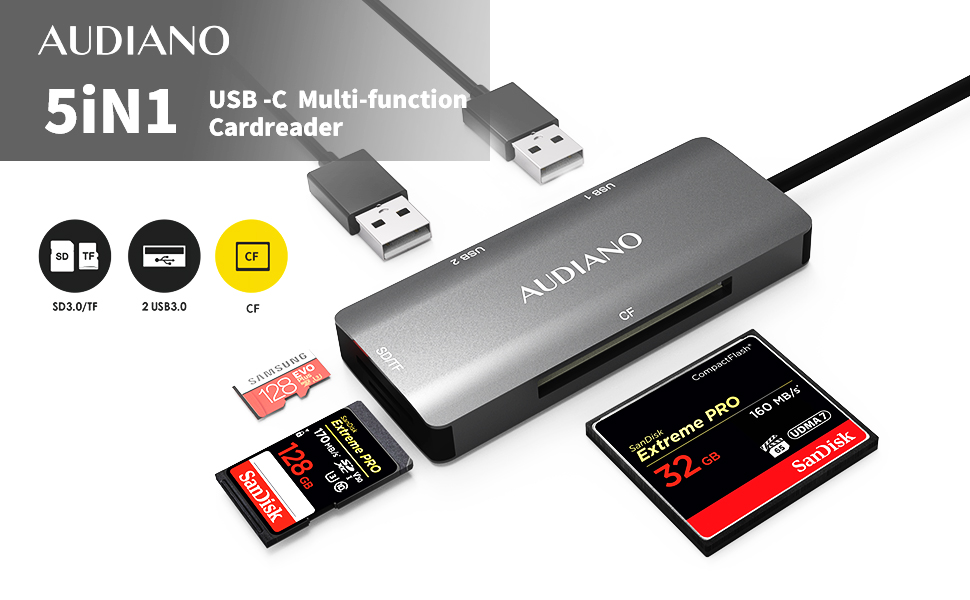 USB C to SD/CF Card Reader, AUDIANO USB Type C SD/TF/CF Hub