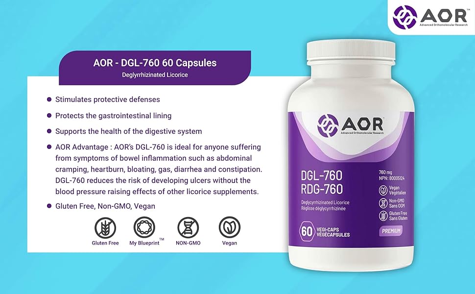 AOR DGL760 760mg, 60 Capsules DGL Deglycyrrhizinated Licorice for