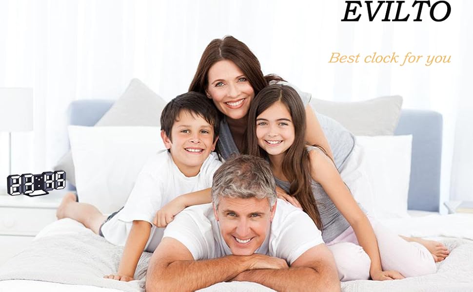 EVILTO 3D Digital Alarm Clock, LED Wall Clock with Snooze Function 12/