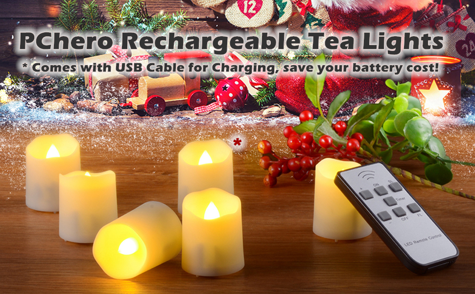 Rechargeable Tea Lights with Timer Remote, PChero 6 Packs Flickering