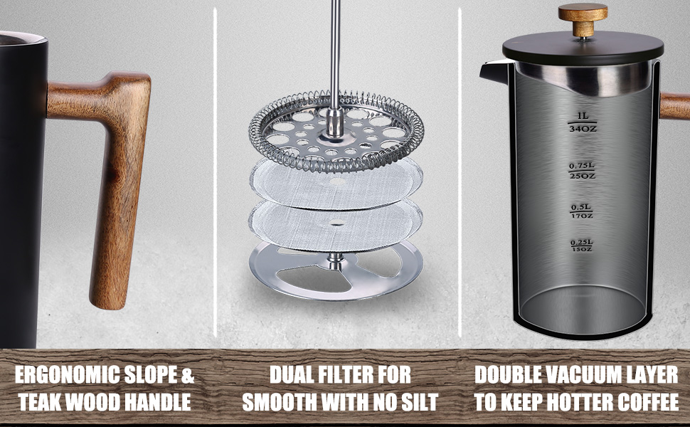 POLIVIAR French Press Coffee Maker, 34 Ounce Coffee Press with Teak