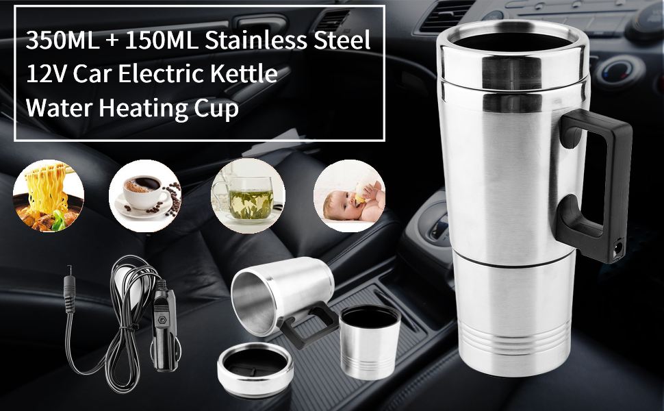 Acouto Car Electric Kettle 12V 350ML + 150ML Stainless