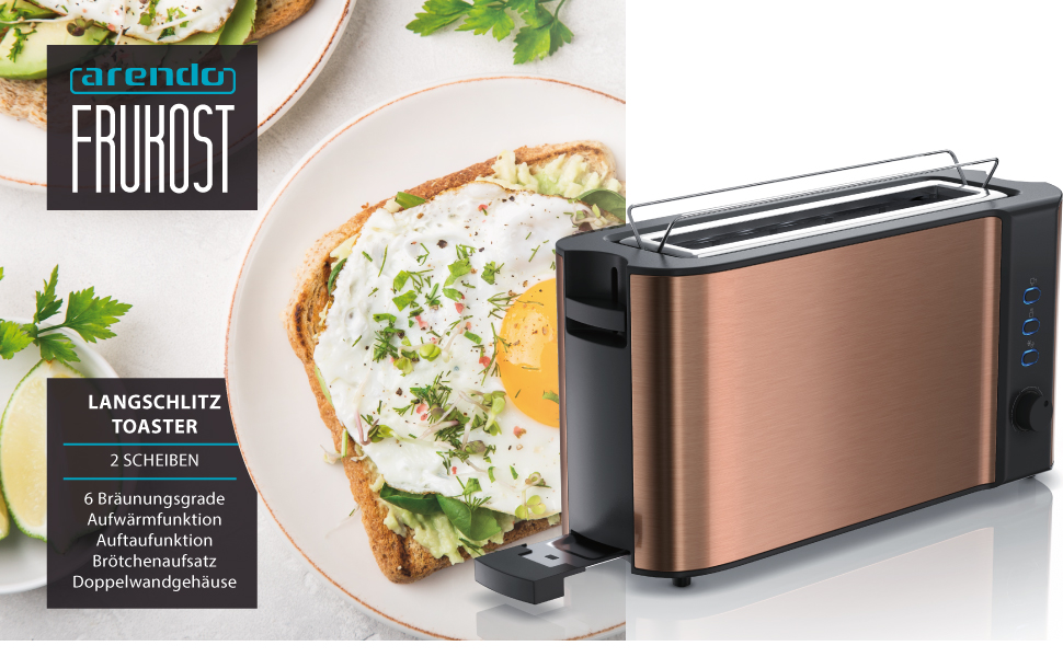 Arendo Stainless Steel Toaster with Long Slot, Defrost Function, Heat