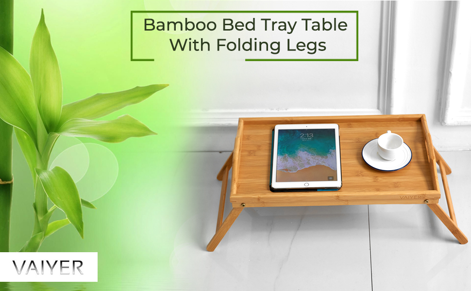 Vaiyer Bamboo Bed Tray Table with Folding Legs, Breakfast