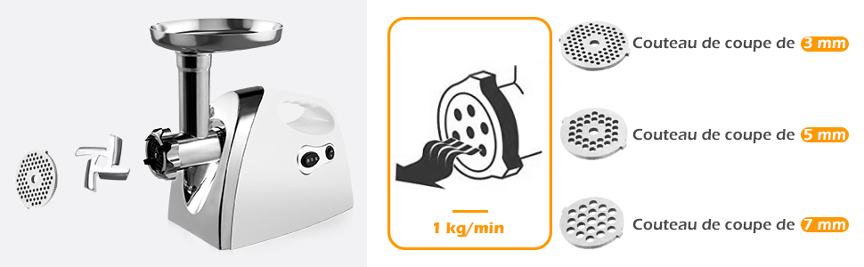 RELAX4LIFE Hachoir à Viandes Électrique 1200W, 3 Grilles, 1 Adaptateurs à Kebbés, 1 Adaptateur à Saucisse 18 1