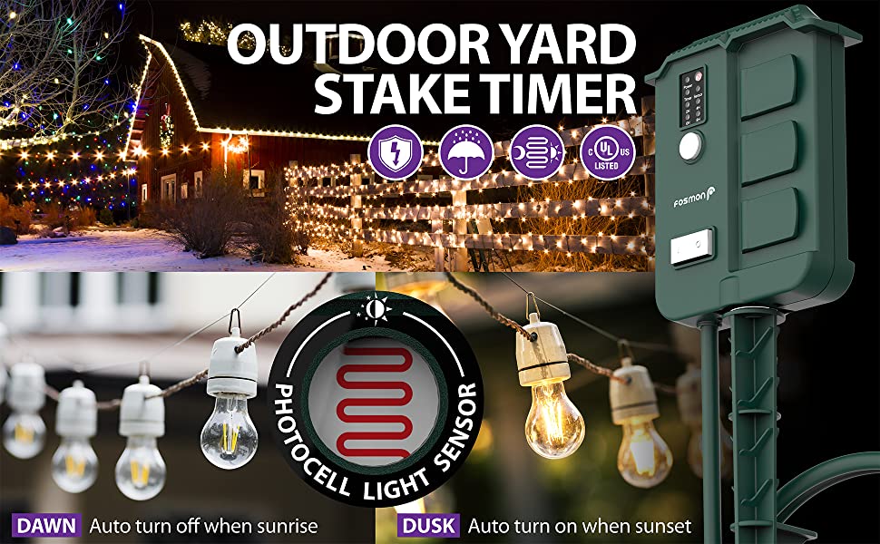 Fosmon Outdoor Power Stake Timer with Photocell, Power Strip Timer with