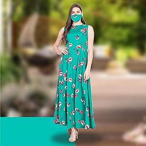 B08FHCRS2F RUDRAKRITI Women Crepe Green Floral Flared Dress with Free mask SPN FOR-1