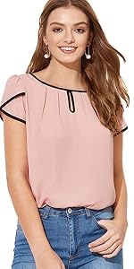 Milumia Women's Casual Pleated Petal Cap Sleeve Round Neck Keyhole Blouse Top