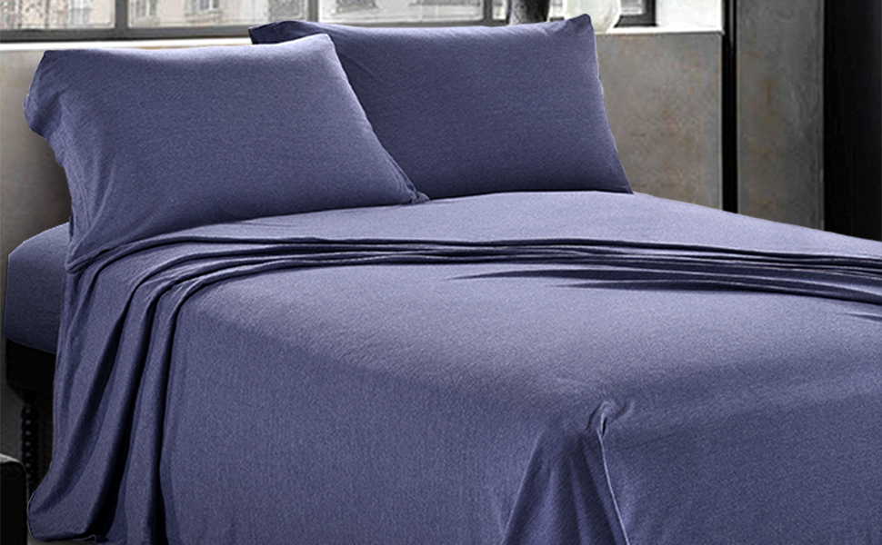Pure Bedding Jersey Sheets King [4Piece, Dark Blue] Cotton