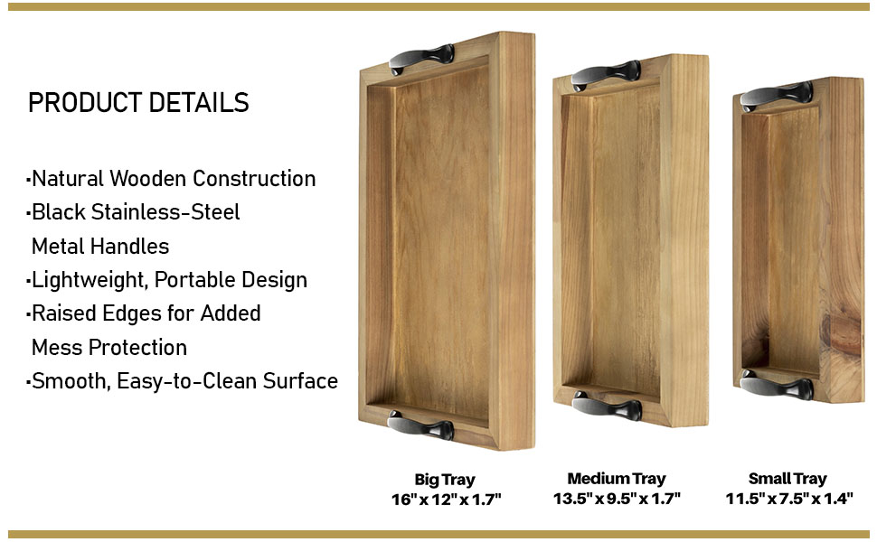 Strova Rustic Wood Serving Tray with Handles, Set of 3, Portable Kitchen Butler and