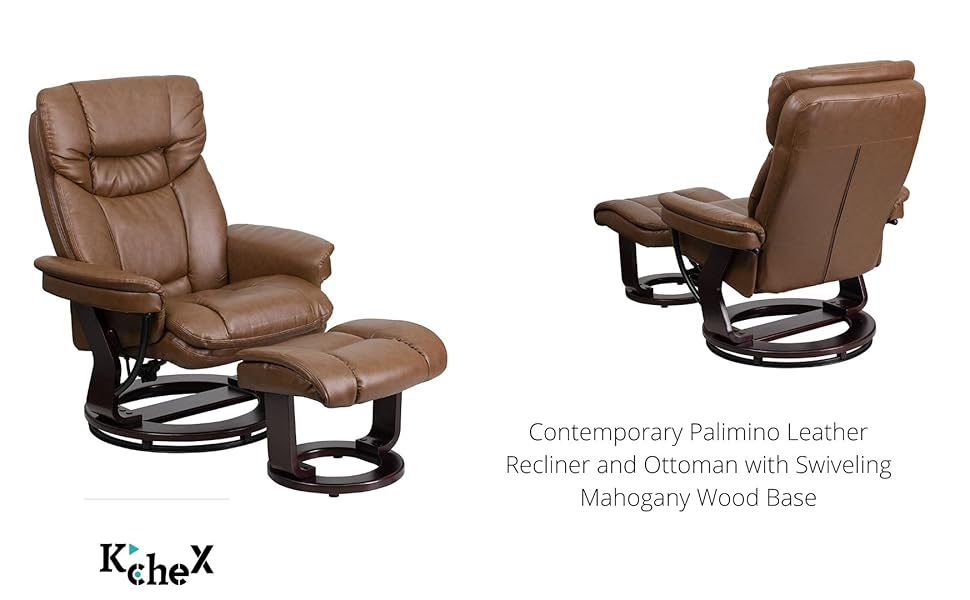 Contemporary Palimino Leather Recliner and Ottoman with Swiveling Mahogany Wood Base