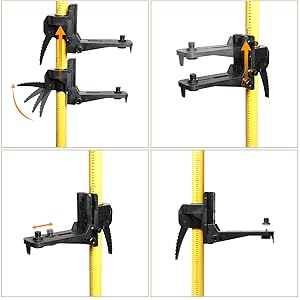 Huepar 3x360 Niveau Laser Vert Avec Bluetooth Avec Perche Télescopique Laser De 3,7m, Auto-nivellement Commutable Trois Lignes Laser à 360°, Niveau Laser Avec Mode Pulsé, Lunettes Incluses - 603LP 17 Support réglable multifonction: ●Le support peut être placé à n'importe quelle hauteur de la tige selon vos besoins. ●Le bouton de réglage fin de la hauteur offre une plage de réglage fin de 7 cm . Il y a une vis pour fixer la hauteur ajustée. ●Il peut être ajusté à moins de 5 cm de profondeur afin de pouvoir être utilisé avec tout instrument mesurant 6,5-11,5 cm à l'arrière. ●Le support de montage avec filetage mâle 1/4"-20 et adaptateur de filetage 5/8"-11 le rend compatible avec la plupart des lasers à ligne et lasers rotatifs.