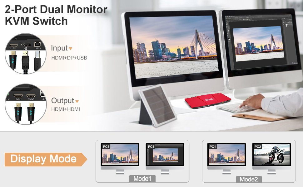 TESmart Dual Monitor 2x2 HDMI+DisplayPort KVM Switch 4K60Hz 444 Ultra HD 2 PC 2 Monitor